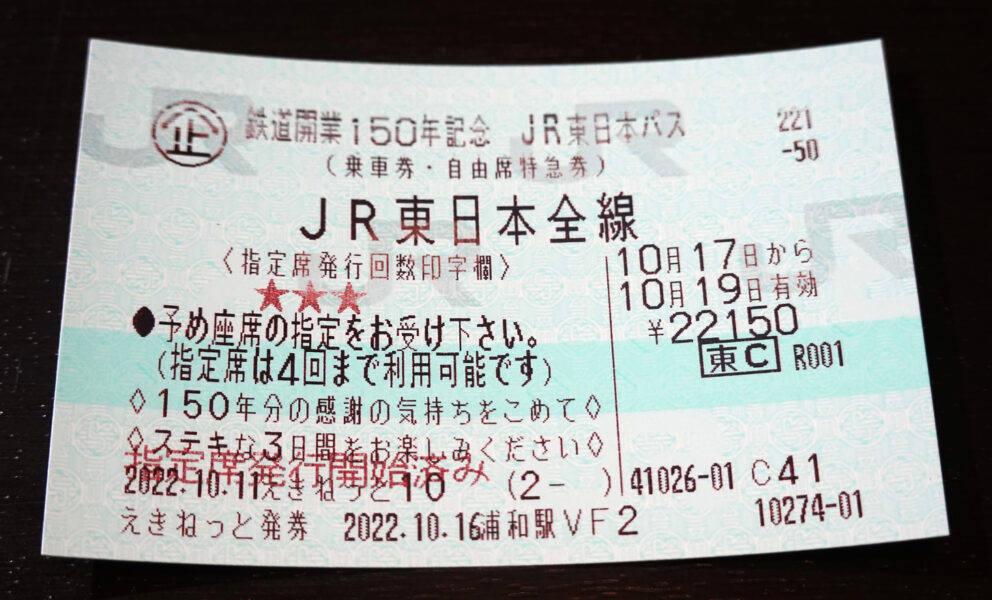 (鑑賞用)　JR東日本　三連休パス中高生用　指定席及び説明文付き