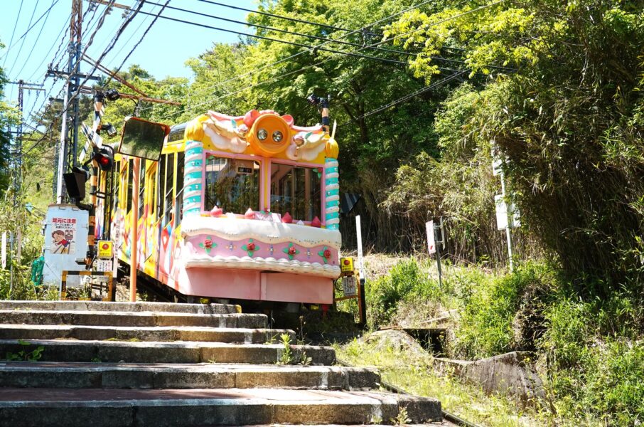 通過するケーブルカー（霞ヶ丘駅）