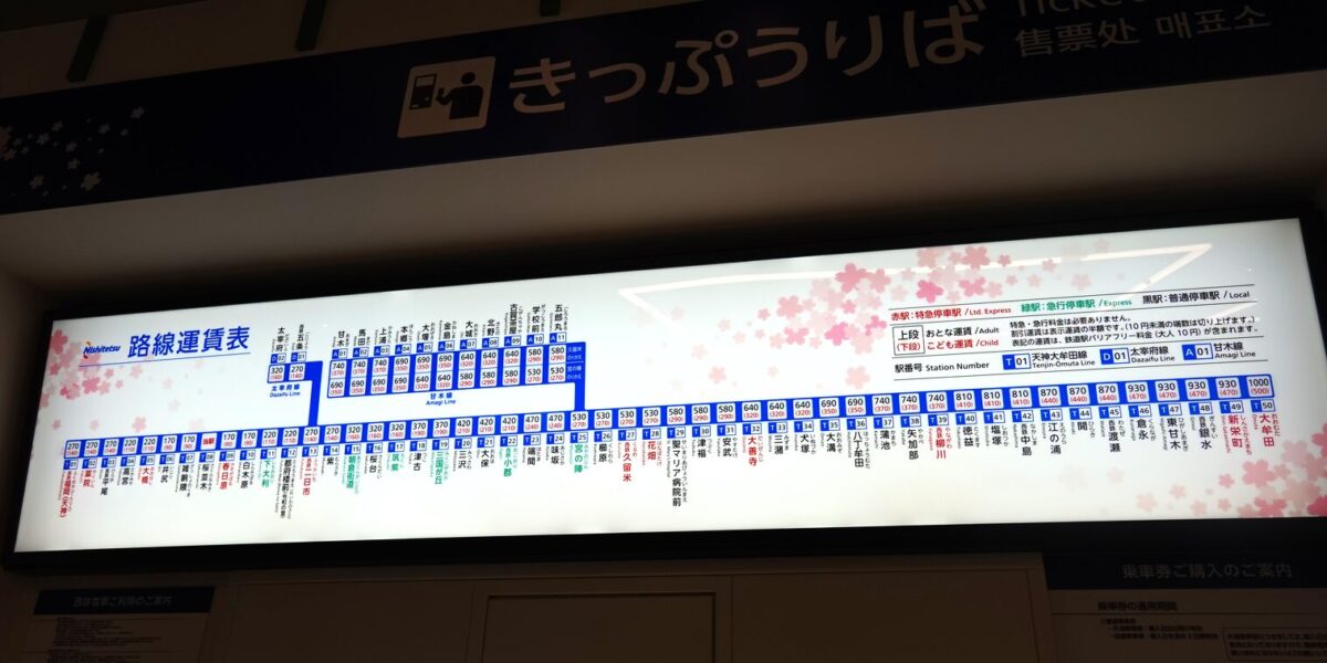 桜並木駅（中央改札 運賃表）